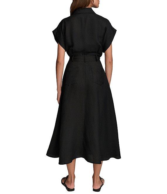 Donna Karan Short Sleeve Point Collar Tie Waist Linen Blend Midi A-Line Dress Product Image