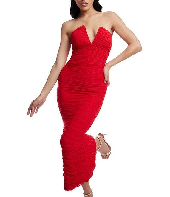 Dress the Population Ferra V-Neck Sleeveless Ruched Midi Bodycon Dress Product Image