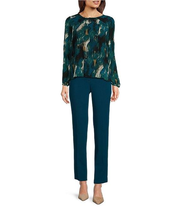 Calvin Klein Printed Crew Neck Long Sleeve Chiffon Micro Accordion Pleated Top Product Image