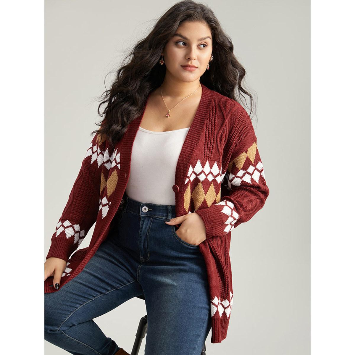 Plus Size Bandana Print Plisse Button Through Cardigan Multicolor Women Casual Loose Long Sleeve Festival-Christmas Cardigans BloomChic 22-24/3X Product Image