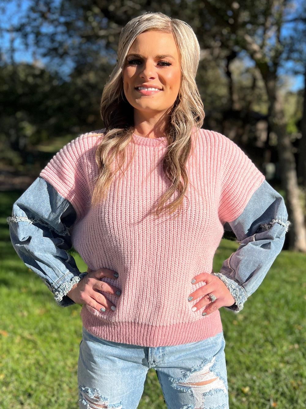 Frayed Denim Sleeve Sweater Top - 4 Color Options* Product Image