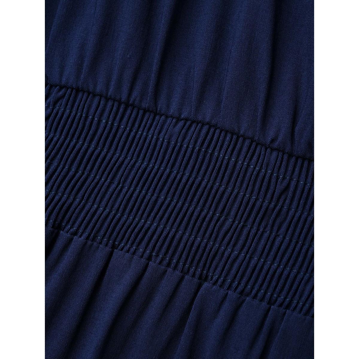 Plus Size Plain Keyhole Pleated Shirred Dress Indigo Women Workwear Essentials Pleated Boat Neck Long Sleeve Curvy BloomChic 30/6X Product Image