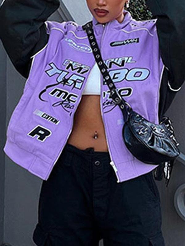 Color Block Splice Print Motorcycle Jacket Product Image