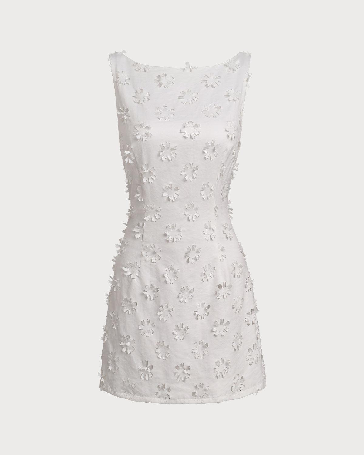 White Textured Boat Neck Sleeveless Mini Dress Product Image
