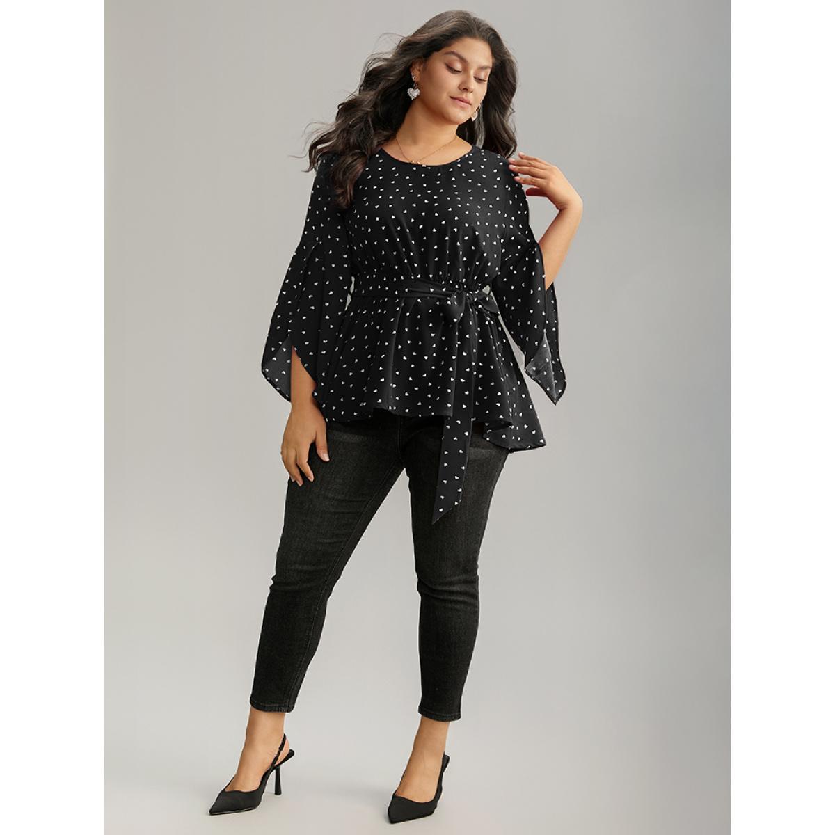 Plus Size Black Heart Print Belted Petal Sleeve High Low Hem Blouse Women Elegant Elbow-length sleeve Round Neck Everyday Blouses BloomChic 26/4X Product Image