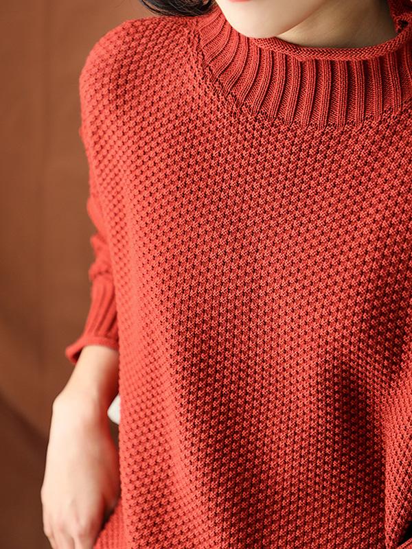 Casual Loose Long Sleeves Solid Color High-Neck Sweater Tops Product Image