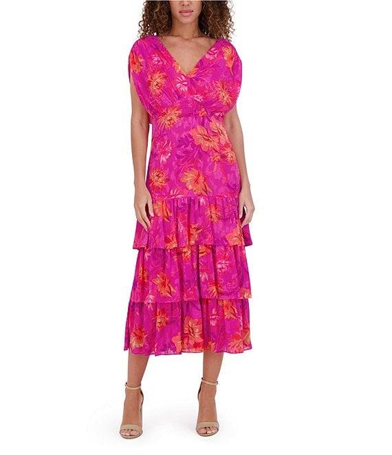 Kensie Ruffle Floral Print Burnout Chiffon V-Neck Short Sleeves Dropped Shoulder A-Line Dress Product Image