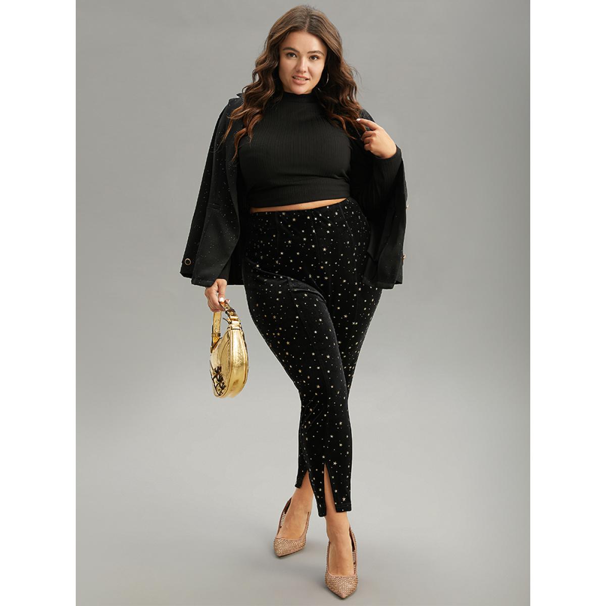 Plus Size Star Glitter Split Hem High Rise Skinny Leggings Women Black Glamour High stretch Skinny High Rise Party Leggings BloomChic 10/M Product Image