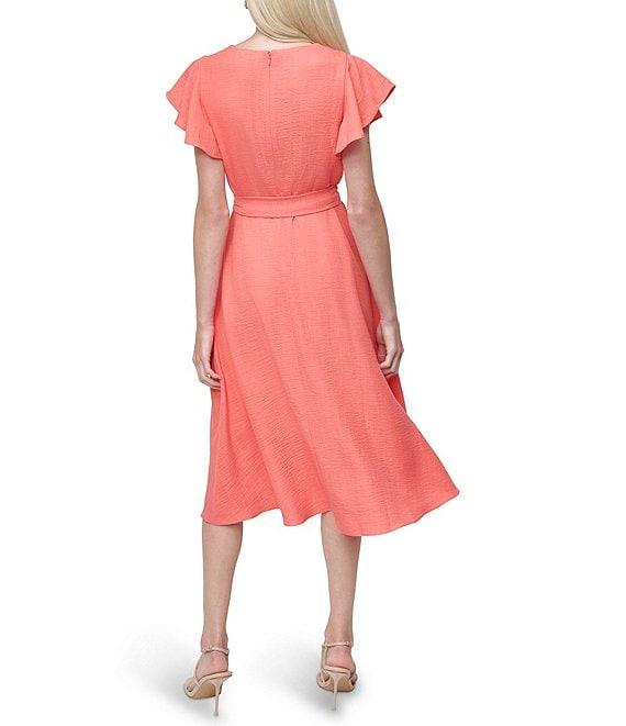DKNY by Donna Karan Flutter Sleeve V Neck Woven Faux Wrap Midi Dress Product Image