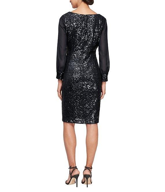 Alex Evenings Sequin Square Neck 3/4 Illusion Sleeve Sheath Dress Product Image