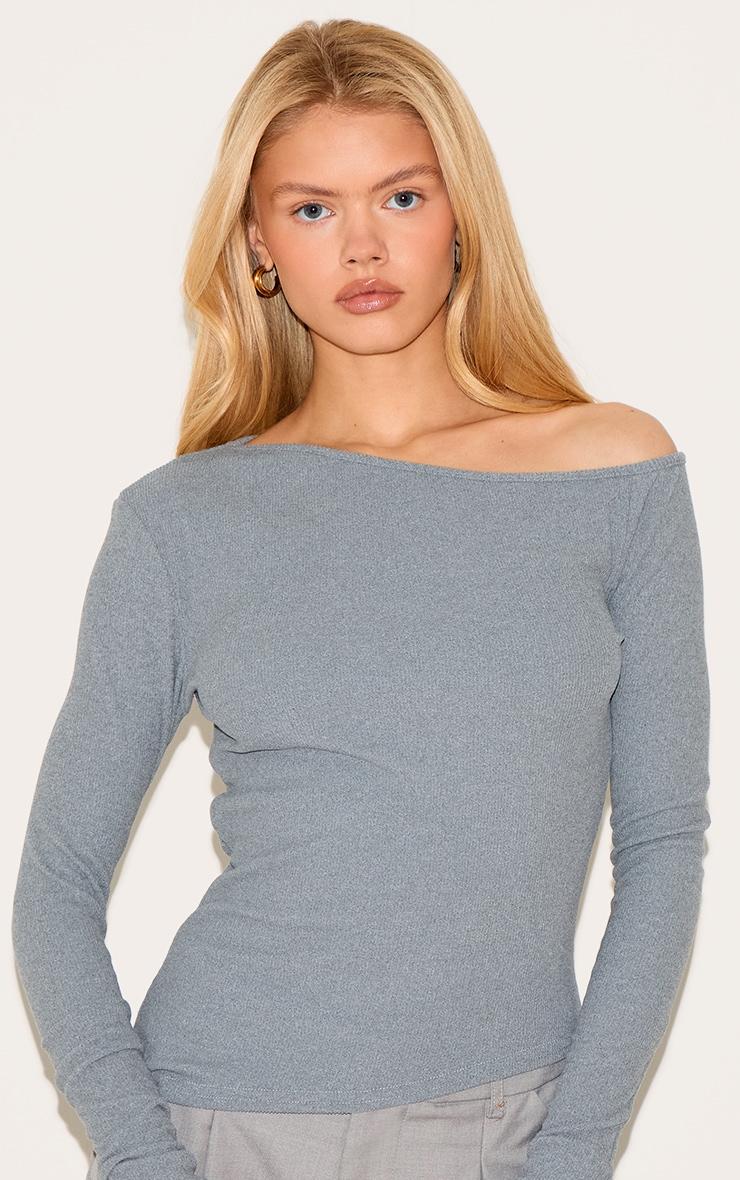 Grey Soft Touch Rib Asymmetric Long Sleeve Top Product Image