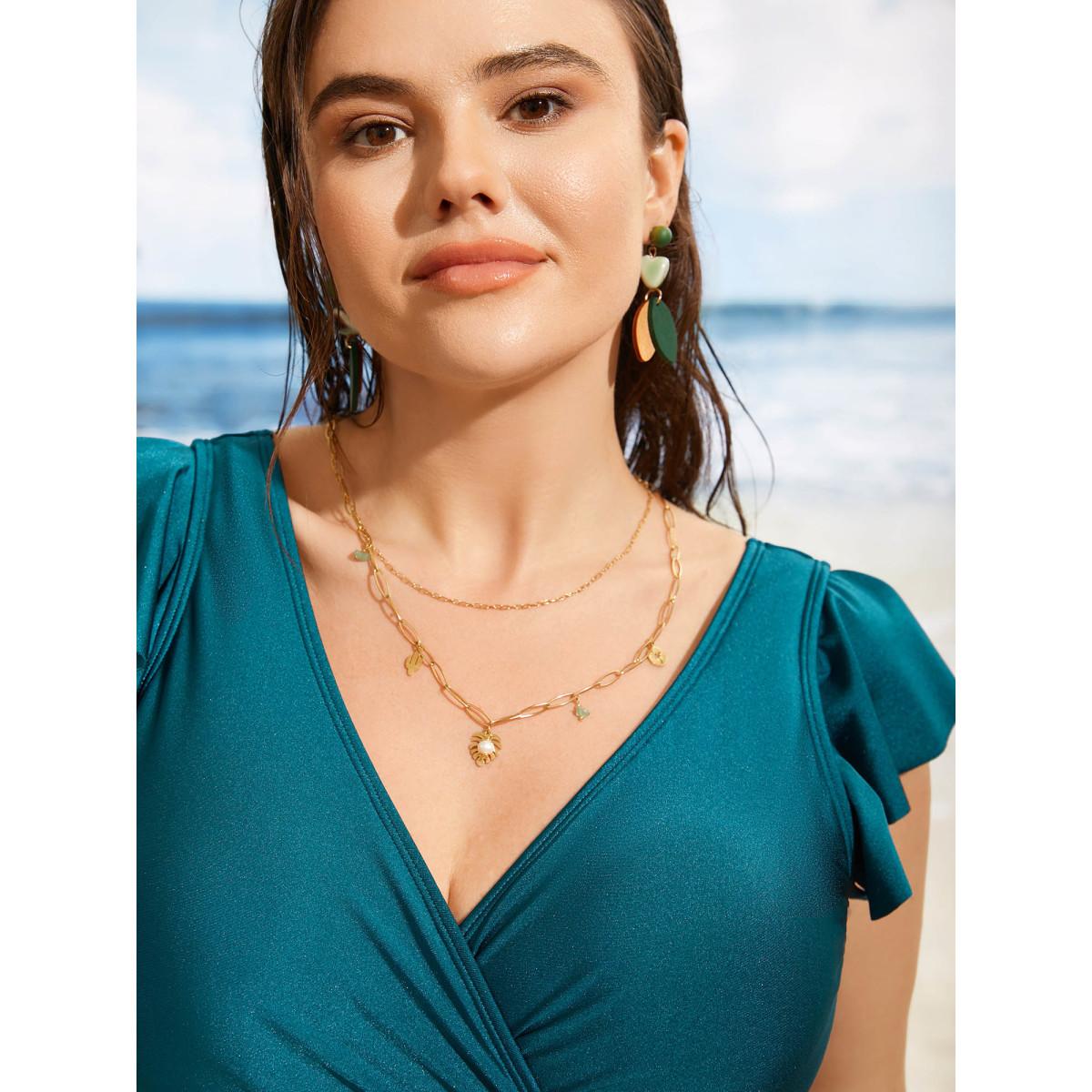 Plus Size Solid Wrap Ruffle Cap Sleeve Swim Top Women's Swimwear Cyan Beach Pleated High stretch Skinny Overlap Collar Curve Swim Tops BloomChic 30/6X Product Image