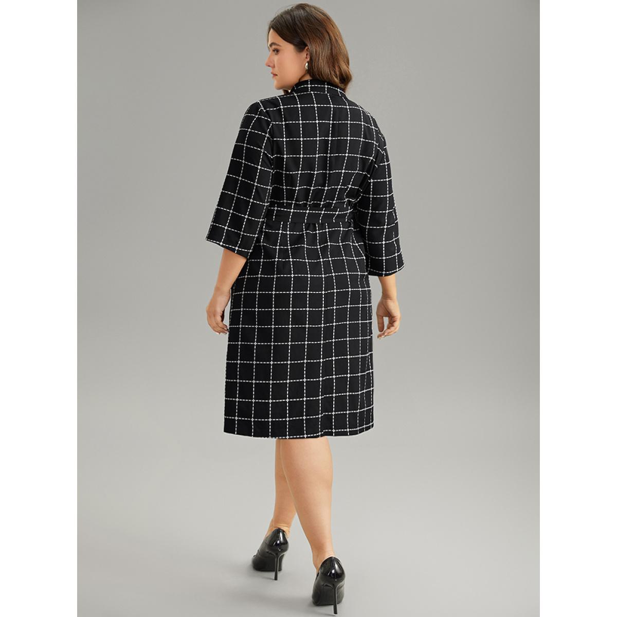 Plus Size Plaid Suit Collar Pocket Ties Wrap Dress Black Women Office Wrap Suit Collar Elbow-length sleeve Curvy Midi Dress BloomChic 18-20/2X Product Image