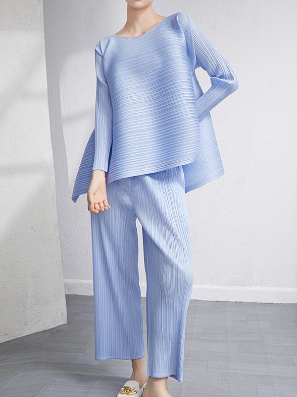 Loose Pleated Solid Color High-Low Round-Neck T-Shirts  + Pants Two Pieces Set Product Image