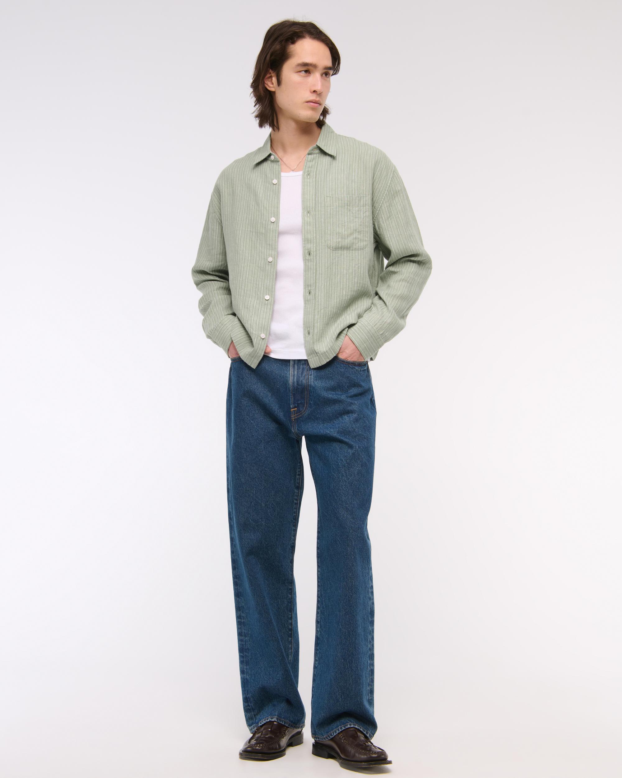 Cropped Linen Button-Up Shirt Product Image