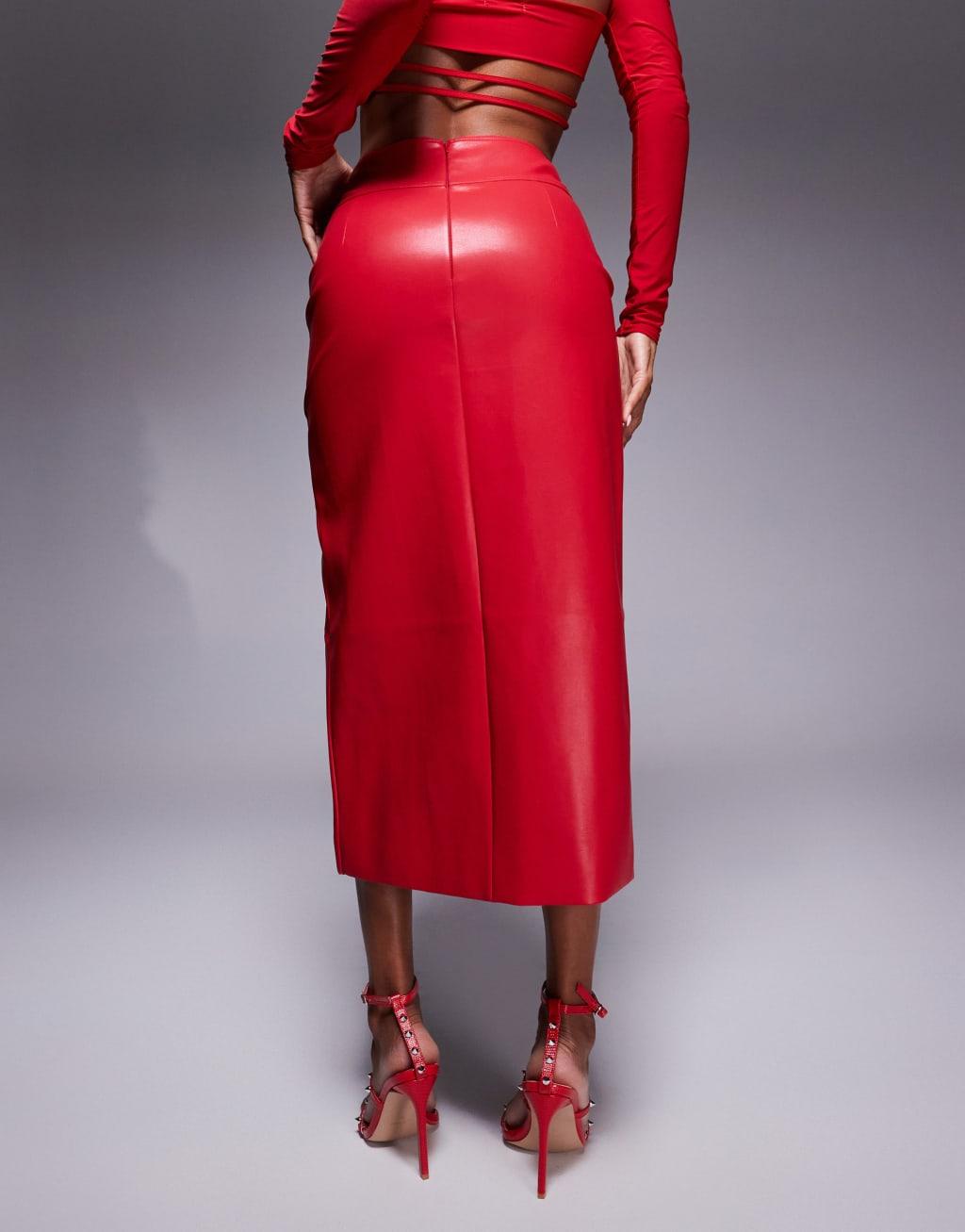 Bardot PU midi skirt with split in bright red Product Image