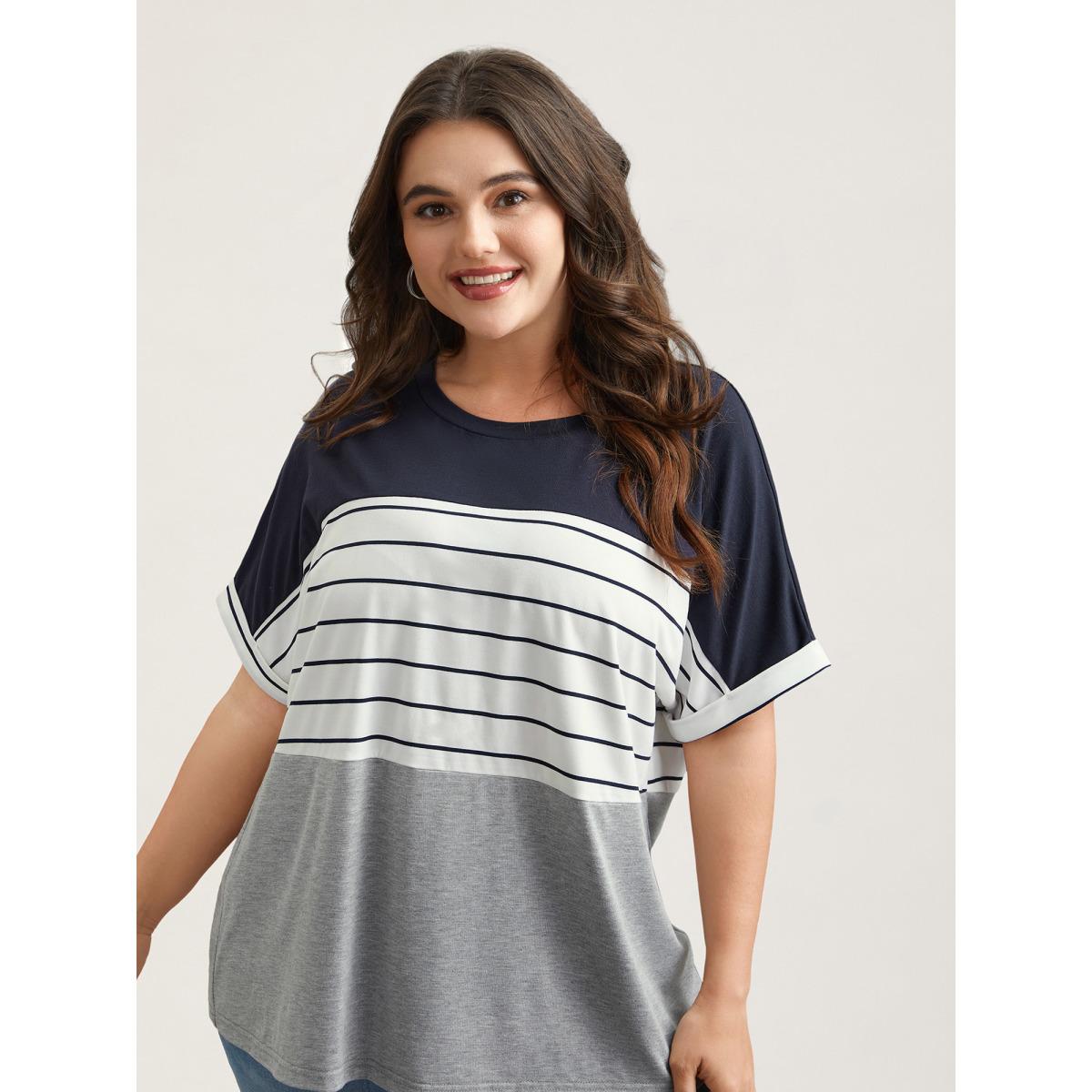 Plus Size Color-Block Stretchy Stripes T-Shirt DarkBlue Women Leisure Contrast Round Neck Casual T-shirts BloomChic 14-16/1X Product Image