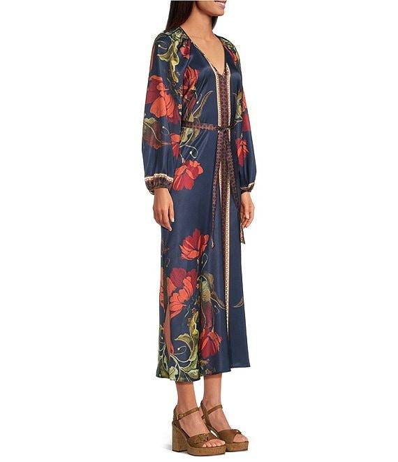 Chelsea & Violet Chloe Printed Floral Crew Neck Long Sleeve Belted Maxi Dress Product Image