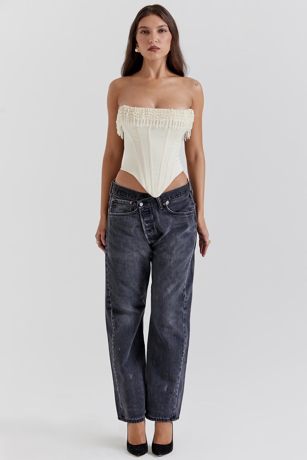 Aubrie  vintage cream embellished satin corset Product Image