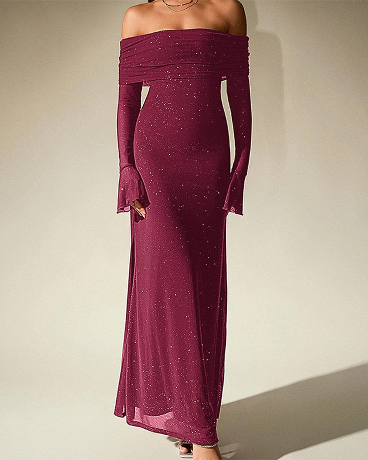 Wine Red Bell Sleeve Strapless Maxi Dress Product Image