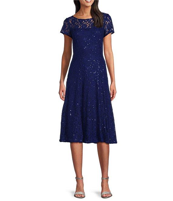Ignite Evenings Petite Size Cap Sleeve Scoop Neck Sequin Lace A-Line Midi Dress Product Image