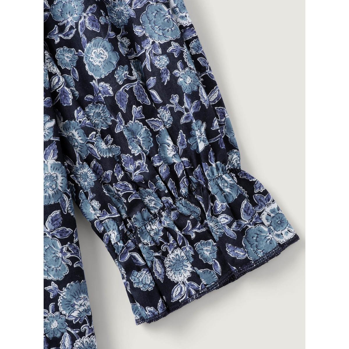 Plus Size Midnight Cotton Floral Print Toothpick Pleats Blouse Women Leisure Extra Long Sleeve Notched collar Casual Blouses BloomChic 30/6X Product Image