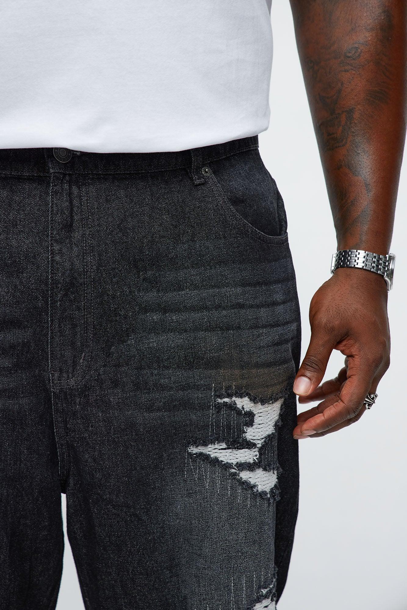 Baggy Vandal Stitch Distressed Jeans - Black Wash Male Product Image