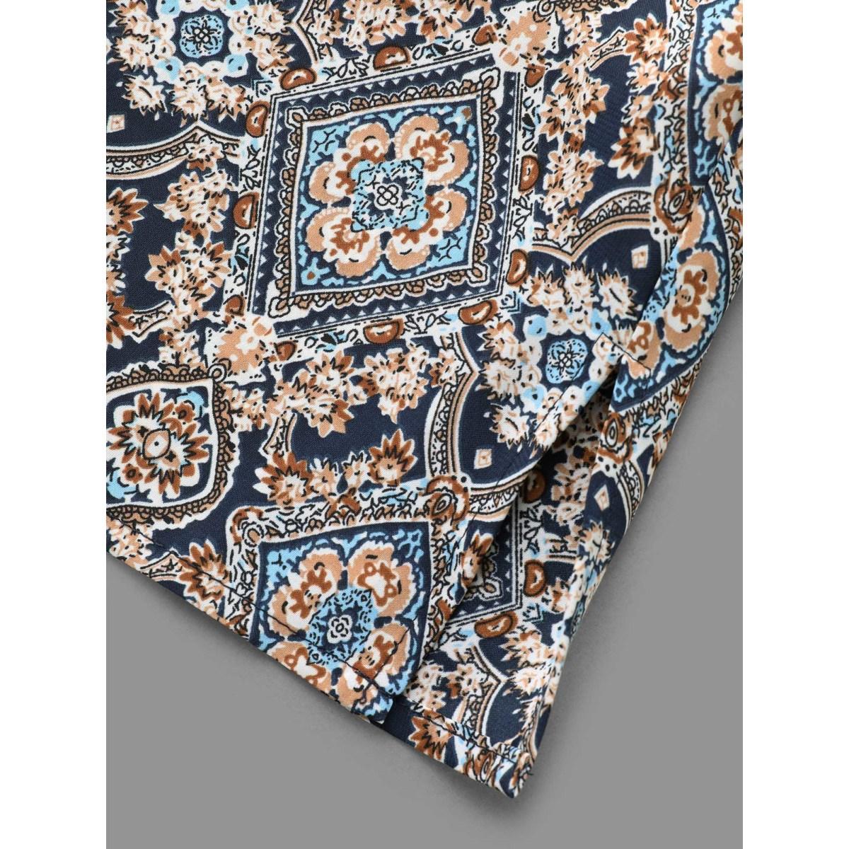 Plus Size Indigo Boho Print Notched Collar Slit Hem Blouse Women Elegant Long Sleeve Notched collar Everyday Blouses BloomChic 18-20/2X Product Image