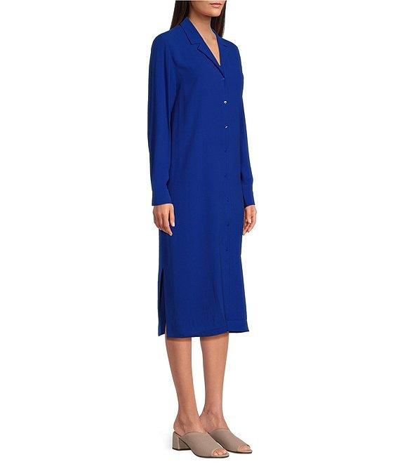 Eileen Fisher Silk Georgette Crepe Notch Collar Long Sleeve Button Front Midi Dress Product Image