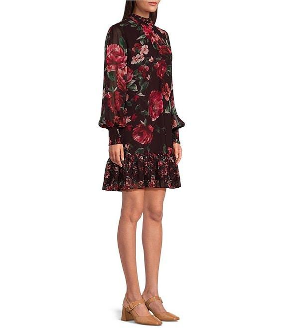 Alex Marie Tinsley Chiffon Floral Print Mock Neck Long Sleeve Ruffled Mini Shift Dress Product Image