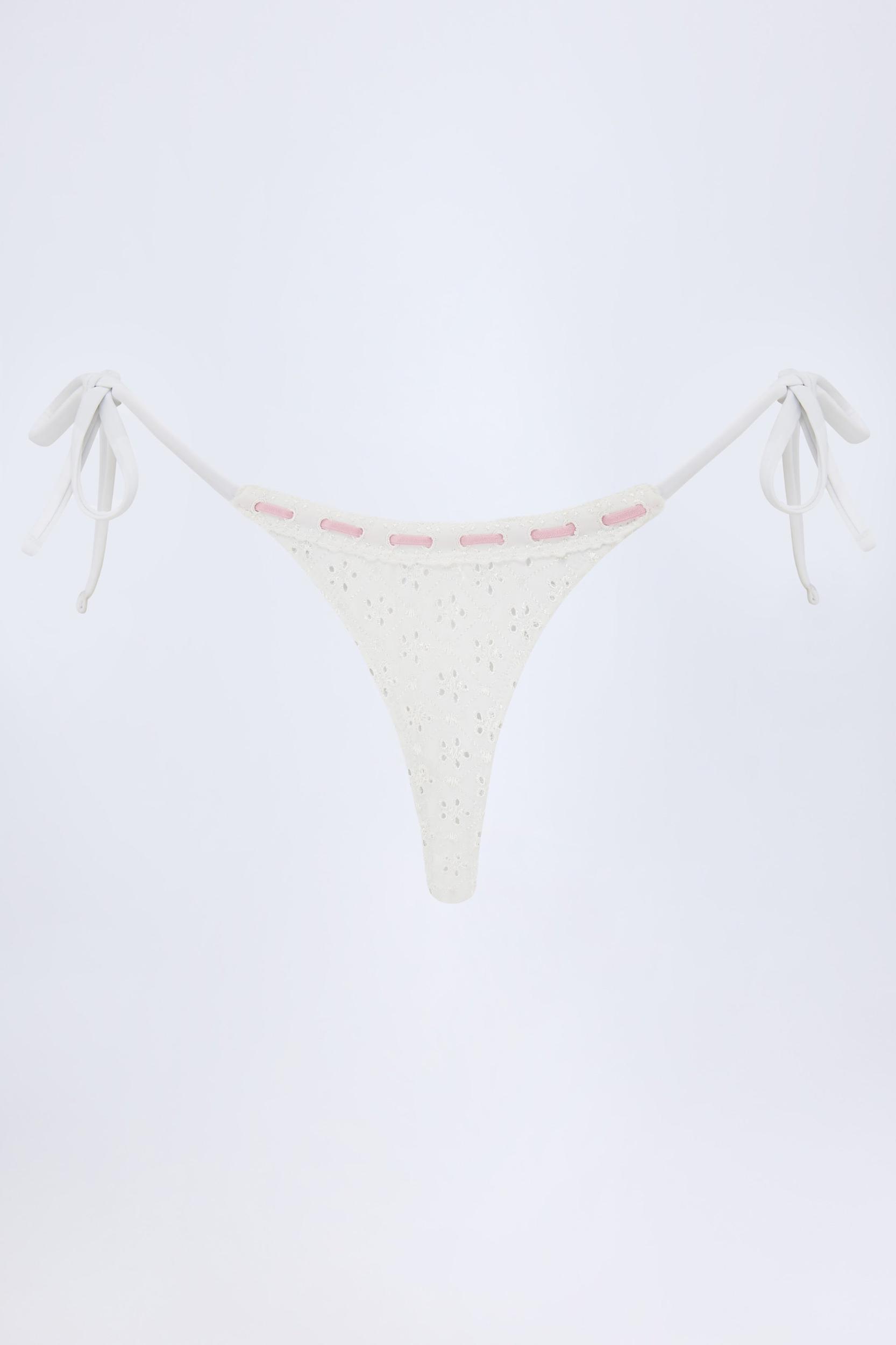 Broderie Anglaise Side-Tie Thong Bikini Bottoms in White Product Image