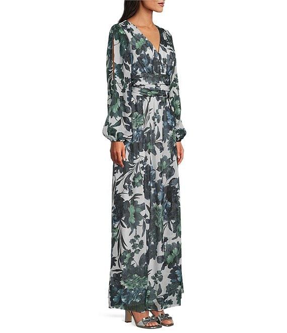 Ignite Evenings Floral Long Illusion Sleeve V-Neck Chiffon Maxi Dress Product Image