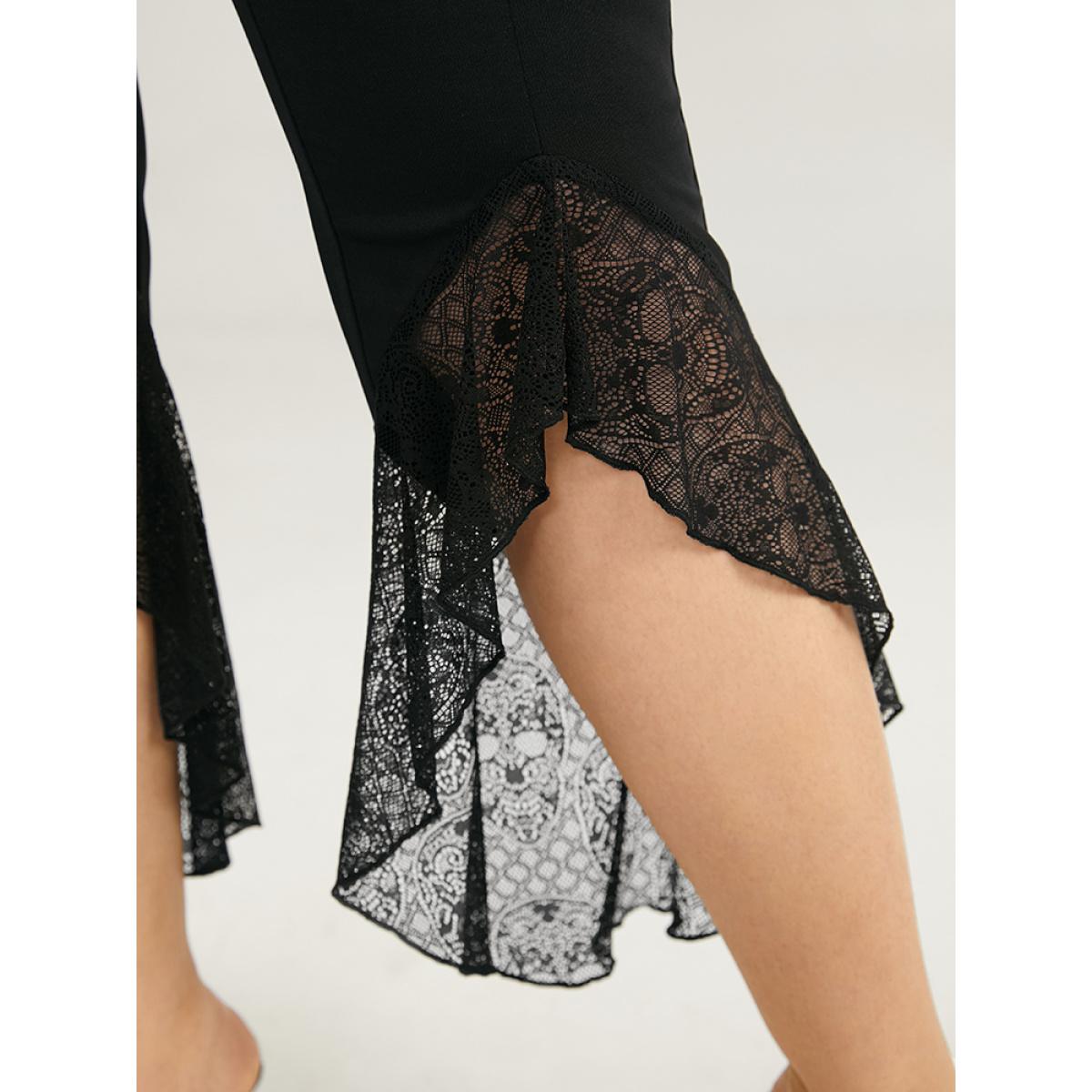 Plus Size Halloween Lace Patchwork Arc Hem Bootcut Pants Women Black Elegant Bootcut High Rise Festival-Halloween Pants BloomChic 26/4X Product Image