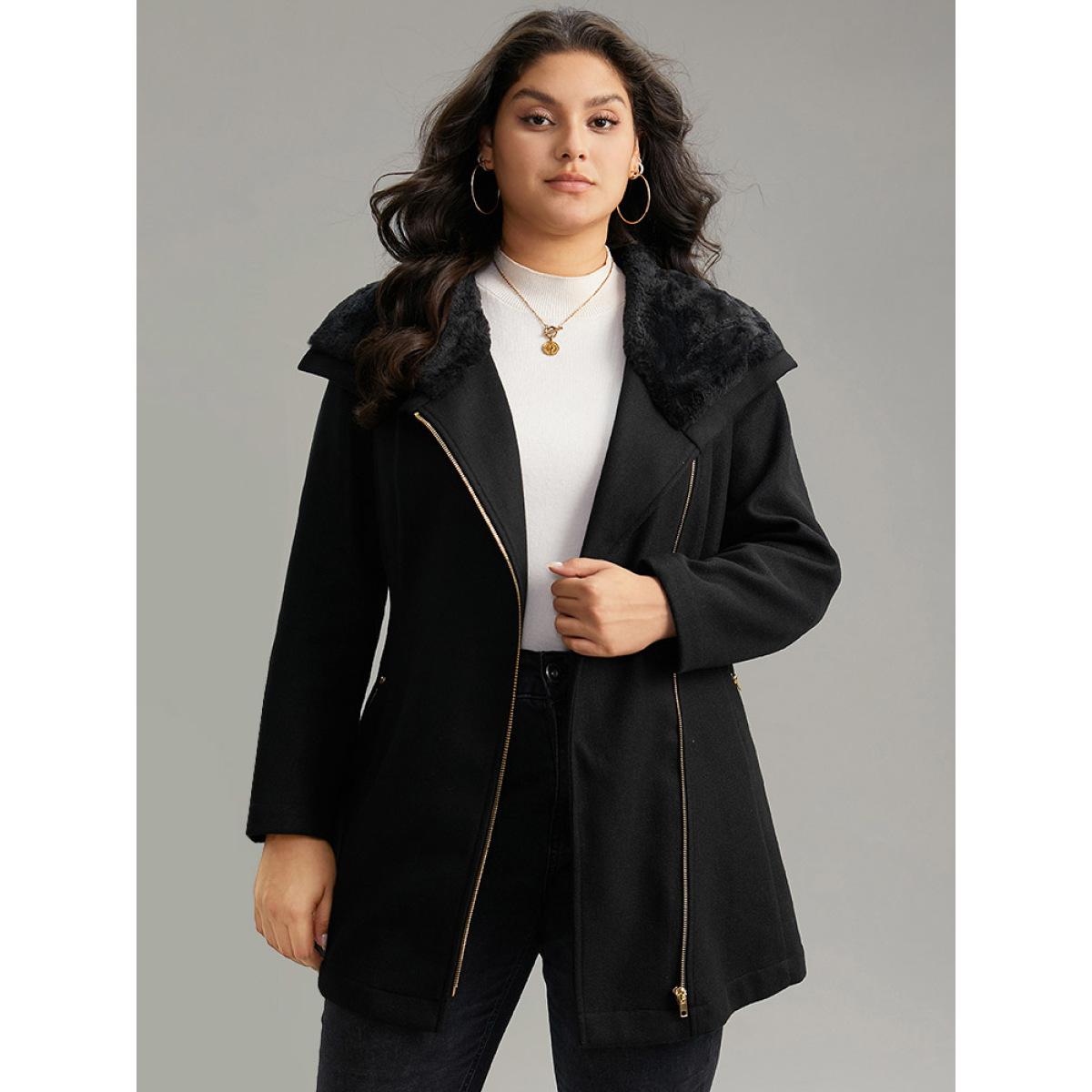 Plus Size Solid Zipper Belted PU Leather Knot Fuzzy Trim Coat Women Black Casual Plain Ladies Dailywear Winter Coats BloomChic 10/M Product Image