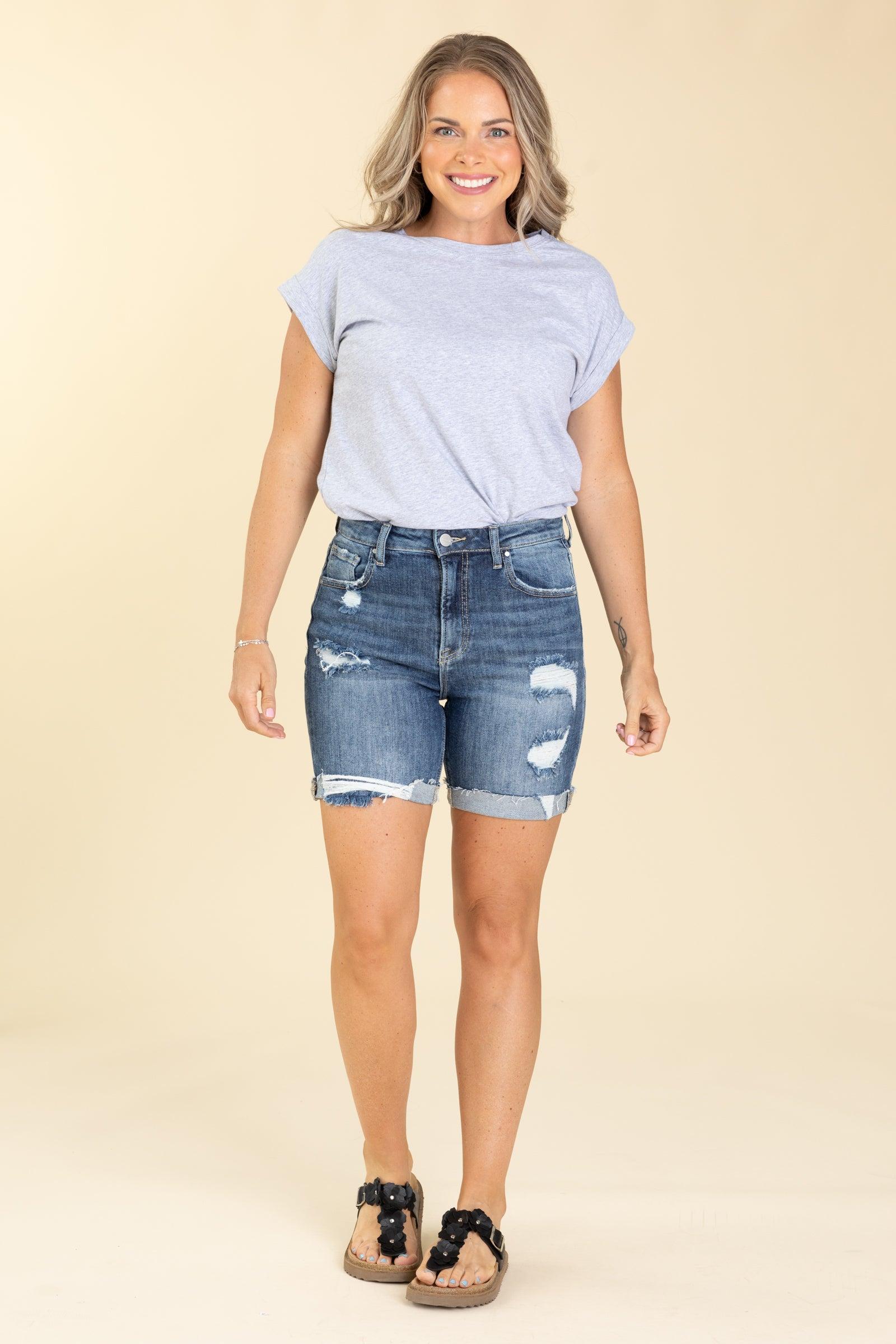 Risen Medium Wash High Rise Cuffed Shorts Product Image