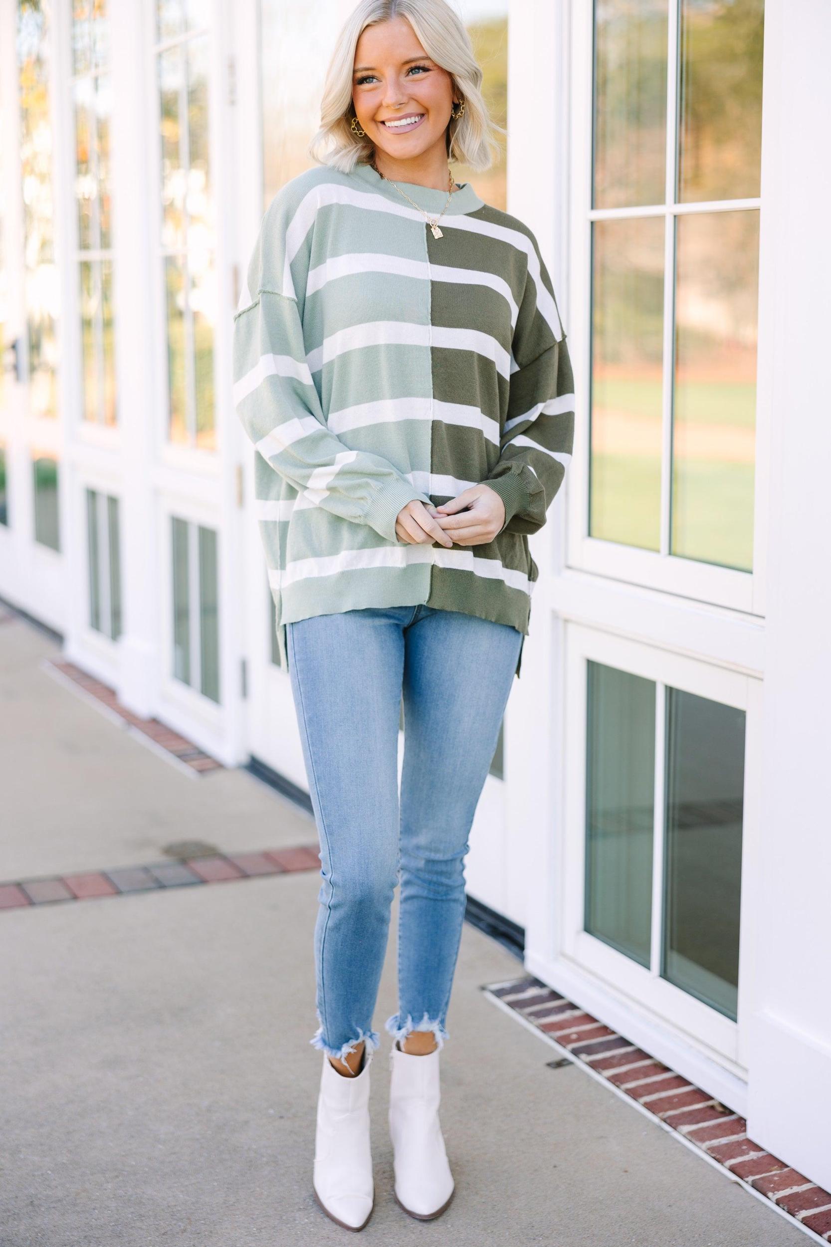 Easy To See Sage & Olive Striped Sweater Female Product Image