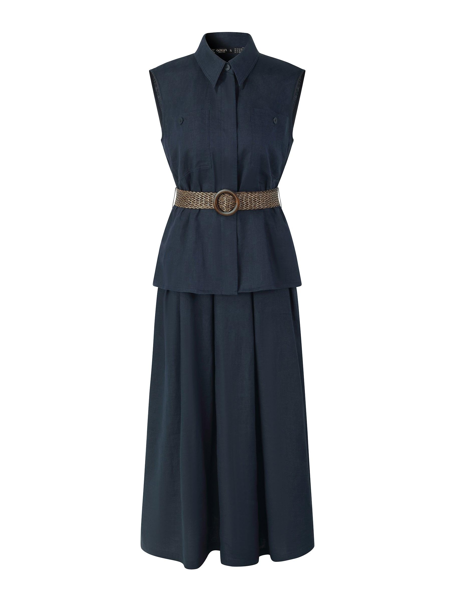 100% Linen Sleeveless Blouse And Skirt Two-Piece Set With Braided Belt Product Image