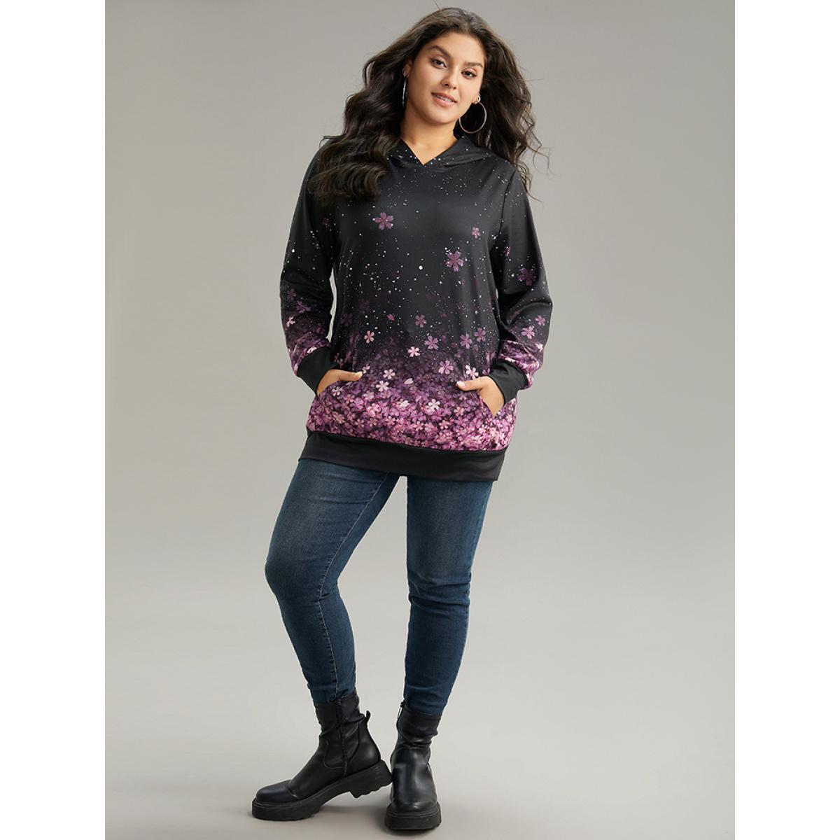 Plus Size Floral Hooded Kangaroo Pocket Sweatshirt Women Black Casual Printed Hooded Dailywear Sweatshirts BloomChic 30/6X Product Image