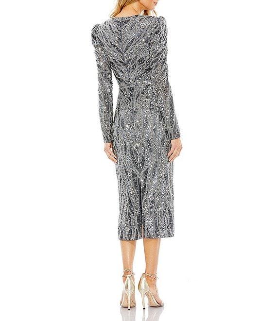 Mac Duggal Long Puffed Sleeve Surplice V-Neck Sequin Embellished Sheath Midi Dress Product Image