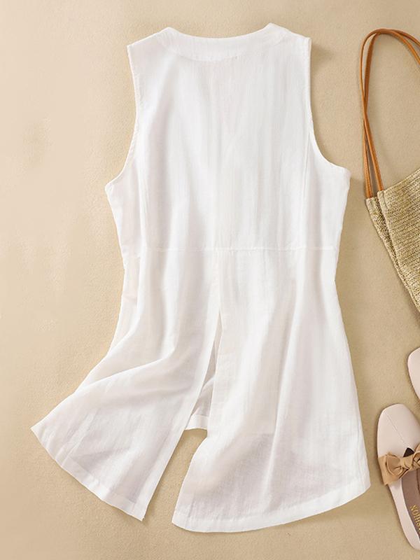 Loose Sleeveless Buttoned Solid Color V-Neck Vest Top Product Image