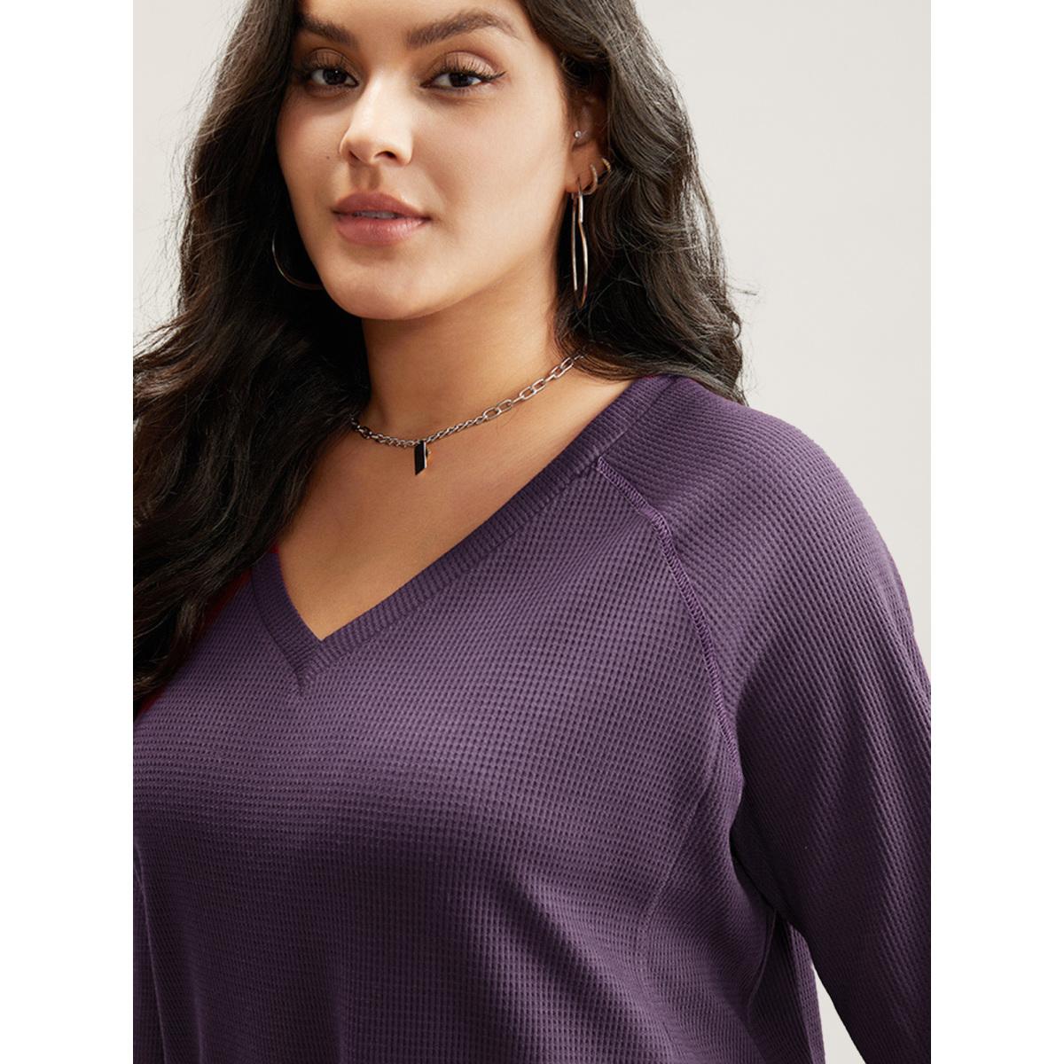 Plus Size Plain Textured Stitch Raglan Sleeve Sweatshirt Women Eggplant Leisure Plain V-neck Casual Sweatshirts BloomChic 14-16/1X Product Image