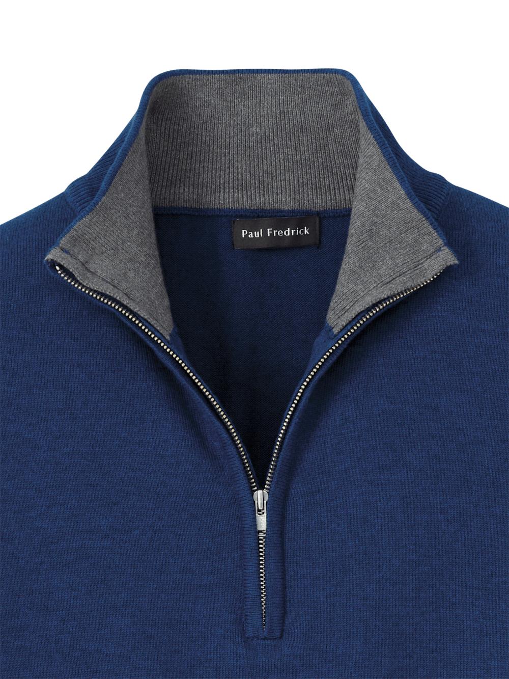 Supima Cotton Quarter Zip Mock Neck Sweater - Dark Blue Product Image
