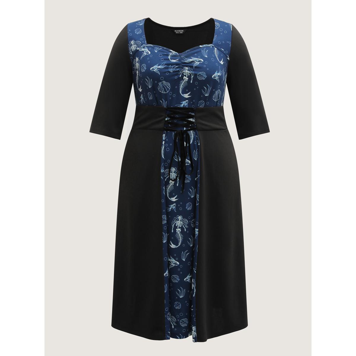 Plus Size Spooky Mermaid Print Supersoft Cinched Midi Dress Black Women Retro Cross straps Non Elbow-length sleeve Curvy BloomChic 30/6X Product Image