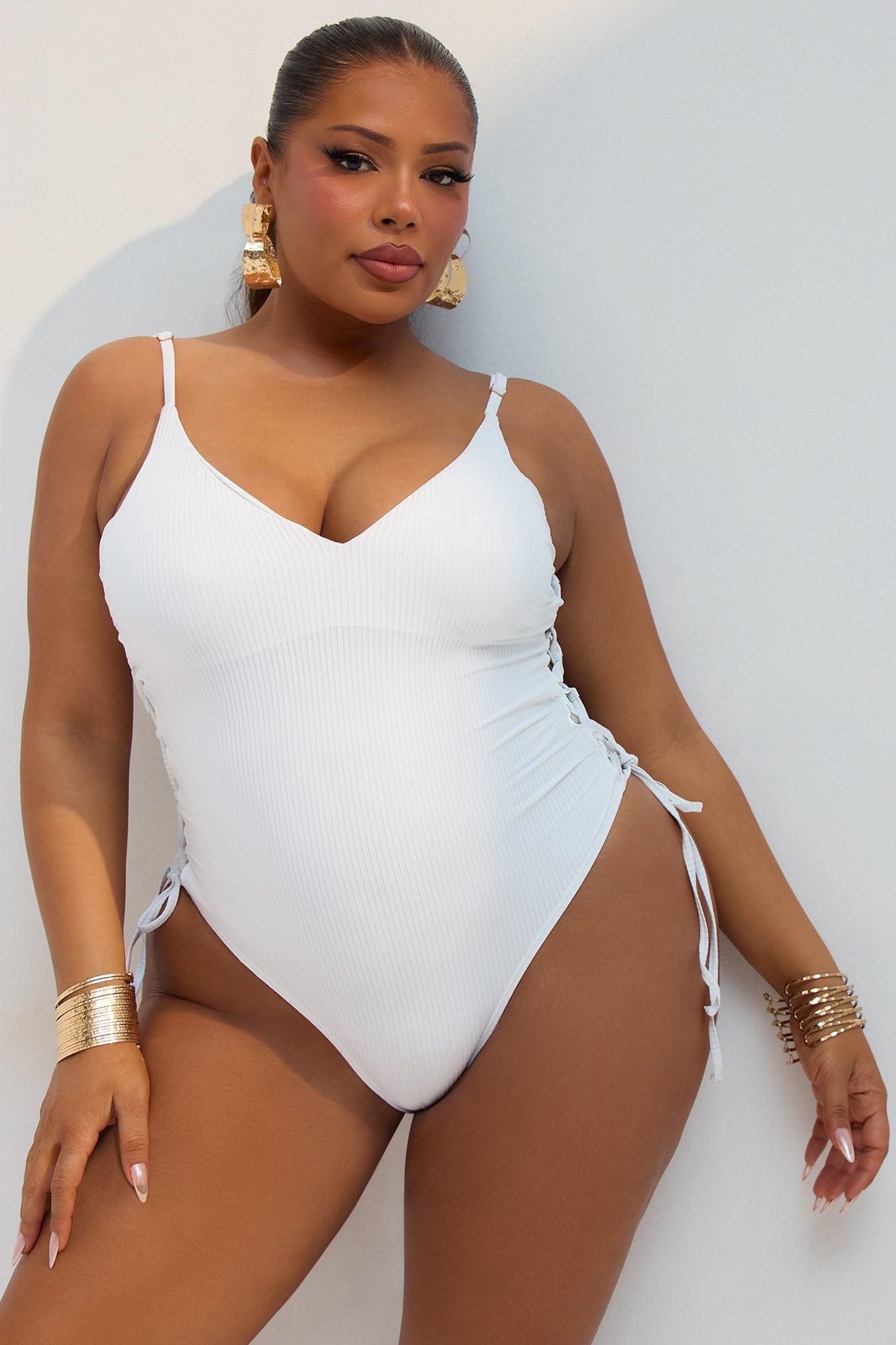 Summer Lounge Lace Up Textured 1 Piece Swimsuit - White Product Image
