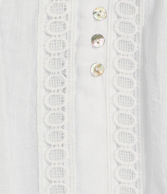 Figueroa & Flower Embriordered Crew Neck 3/4 Bell Sleeve Lace Detail Blouse Product Image