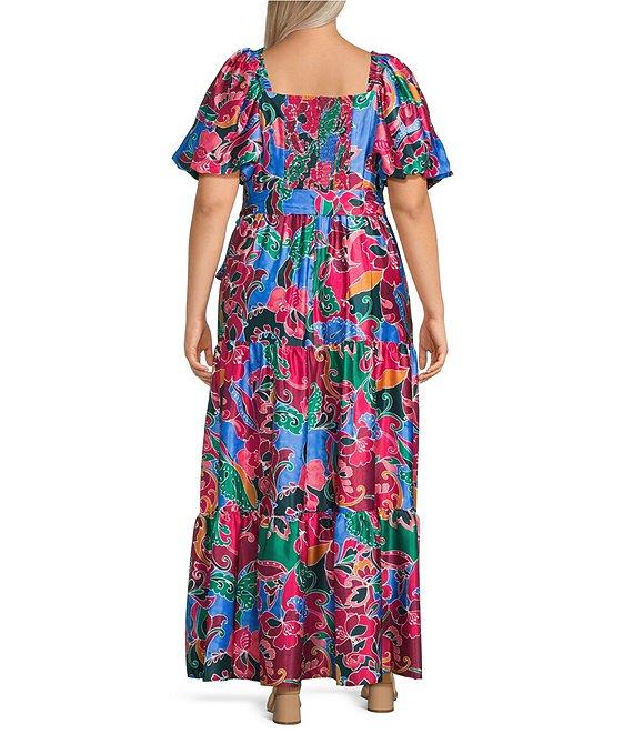 Eliza J Plus Size Square Neck Short Puffed Sleeve Crepe Satin A-Line Tiered Dress Product Image