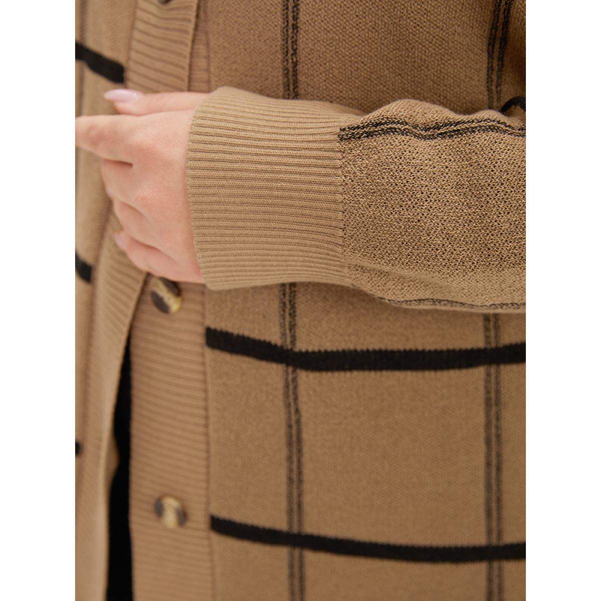 Plus Size Plaid Striped Button Through Cardigan Tan Women Casual Loose Long Sleeve Everyday Cardigans BloomChic 22-24/3X Product Image