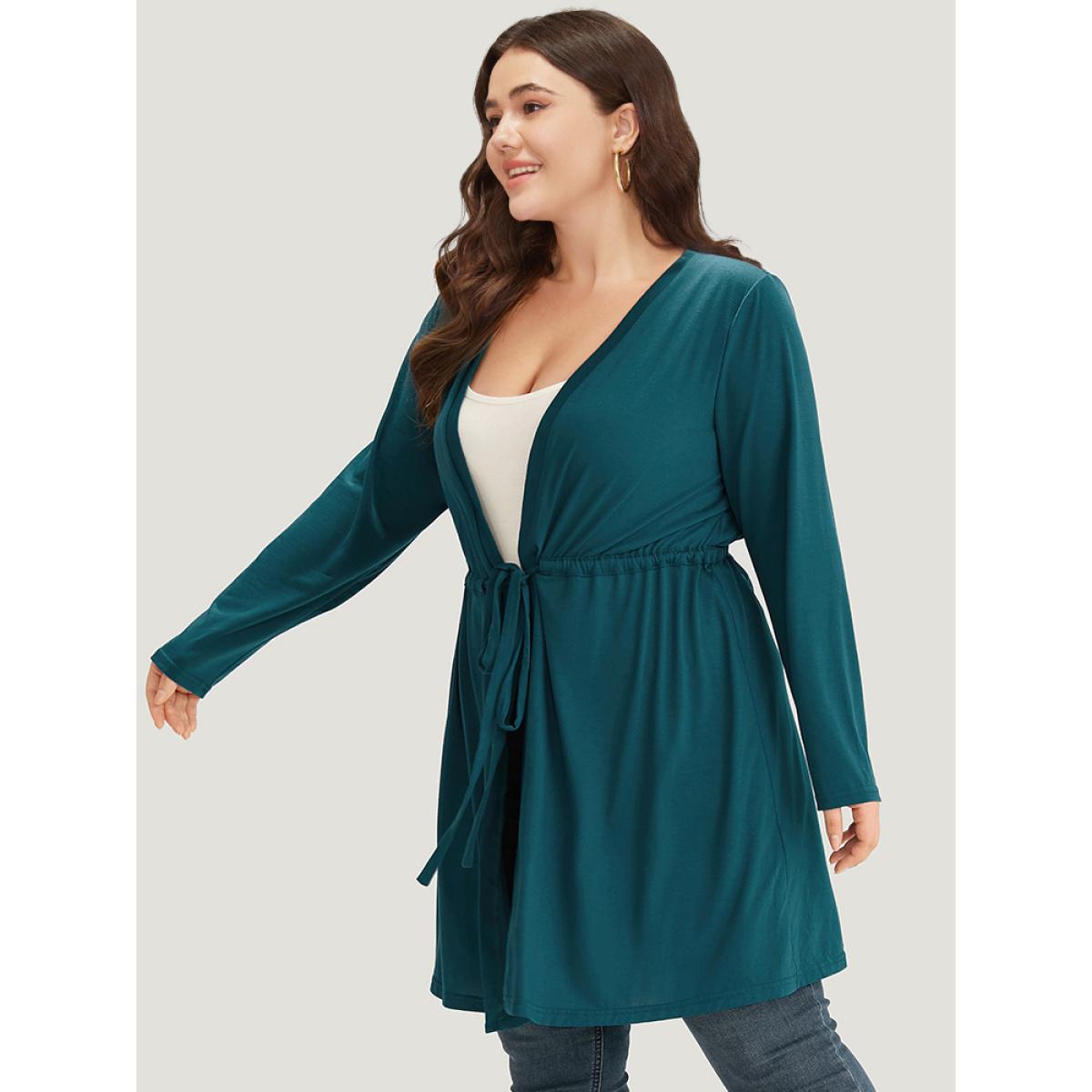 Plus Size Plain Drawstring Knot Open Front Coat Women Cyan Casual Plain Ladies Dailywear Winter Coats BloomChic 12/L Product Image