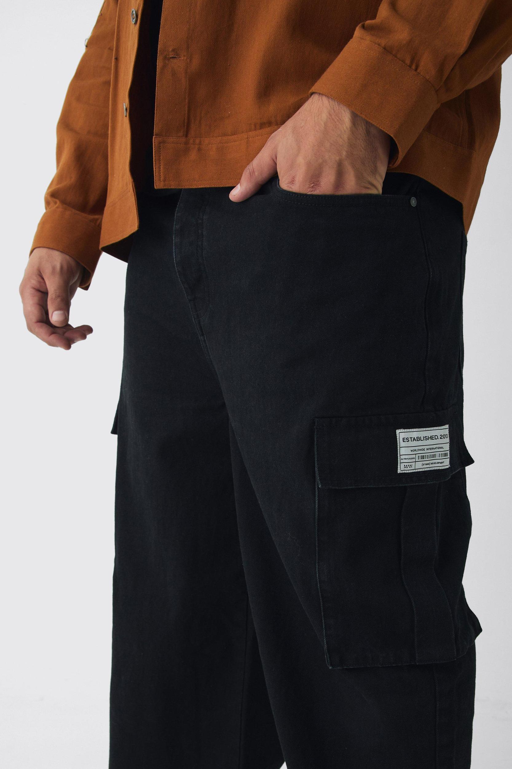 Plus Relaxed Fit Woven Tab Cargo Jeans | boohooMAN USA Product Image