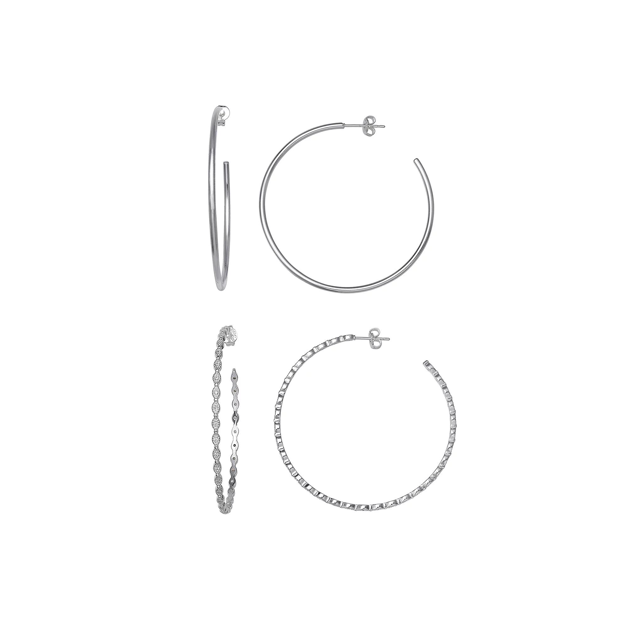 Aurielle Silver Plated 50 mm Polished & Cubic Zirconia Beaded C-Hoop Earring Set, Women's, Silver Tone Product Image